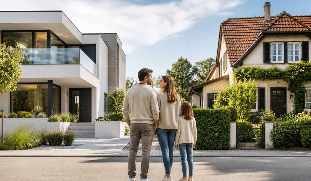 Familie steht vor einem modernen Neubau und einem klassischen Bestandsgebäude – Symbolbild für die Entscheidung zwischen Neubau oder Bestandsimmobilie. | Immobilienkauf