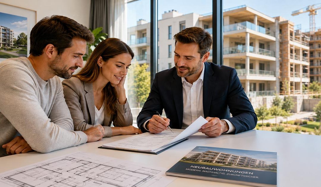 Paar lässt sich von einem Immobilienberater zum Kauf einer Neubauwohnung vom Bauträger beraten, im Hintergrund sind moderne Wohngebäude und eine Baustelle zu sehen. I Kauf vom Bauträger