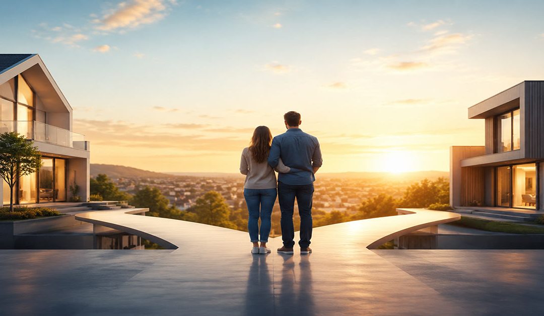Zwischenfinanzierung beim Immobilienkauf: Ein Paar blickt auf eine moderne Wohnlandschaft mit zwei Häusern und symbolisiert den Übergang zwischen bestehender und neuer Immobilie. I Zwischenfinanzierung