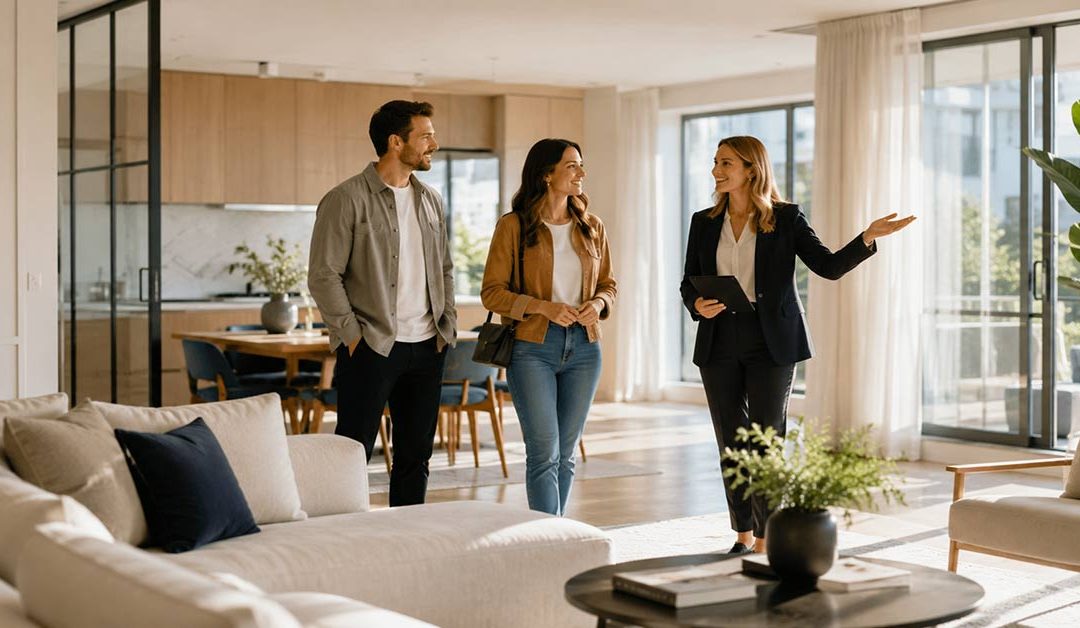 Eine Immobilienmaklerin führt ein interessiertes Paar durch eine moderne, helle Wohnung und erklärt während der Besichtigung die Räume. I Besichtigungsmanagement