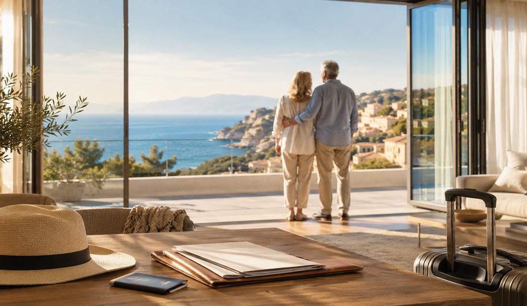 Älteres Paar blickt aus einem modernen Ferienhaus auf das Meer; Koffer, Reisepass und Unterlagen symbolisieren den Lebensabend im Ausland. I Lebensabend im Ausland