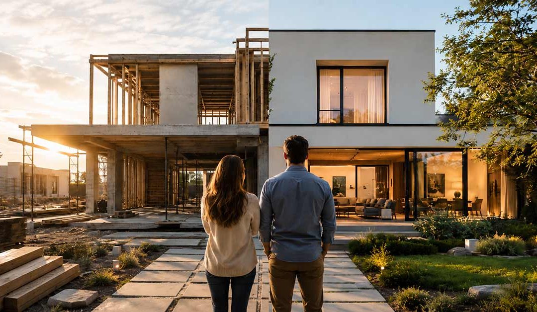 Ein Paar steht vor einem modernen Einfamilienhaus, dessen eine Hälfte noch im Bau und dessen andere Hälfte bereits fertiggestellt ist – als Symbol für die Entscheidung zwischen dem Bau und dem Kauf einer Immobilie.