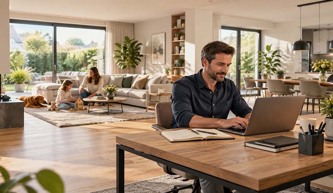 Ein Mann arbeitet im Homeoffice an einem Laptop, während sich im Hintergrund eine Frau und ein Kind im hellen Wohnbereich aufhalten.